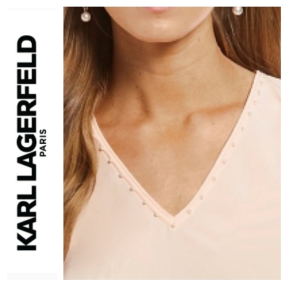 🪷 Karl Lagerfeld Paris Blush Pearl Neck Blouse Size S. - Picture 2 of 12